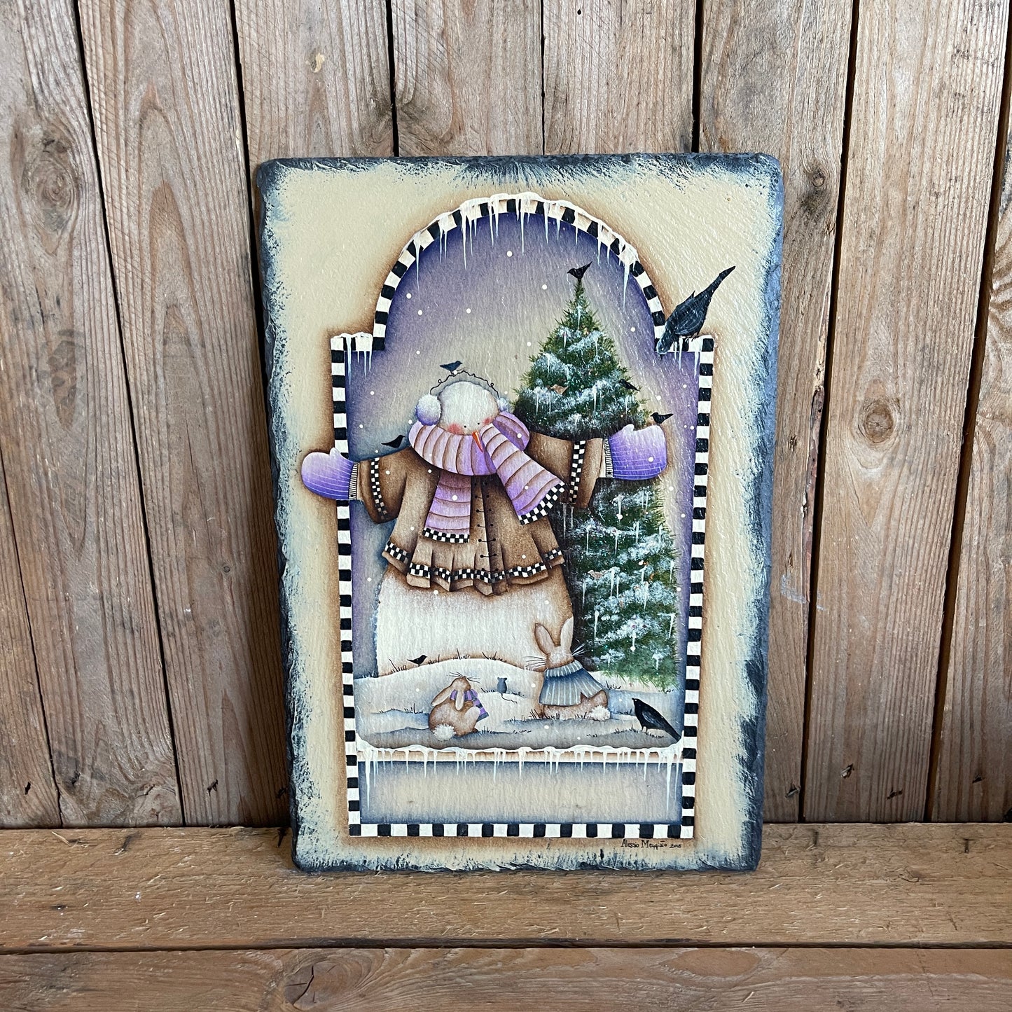 Pupazzo di neve dipinto su pietra ardesia Out of the Wood