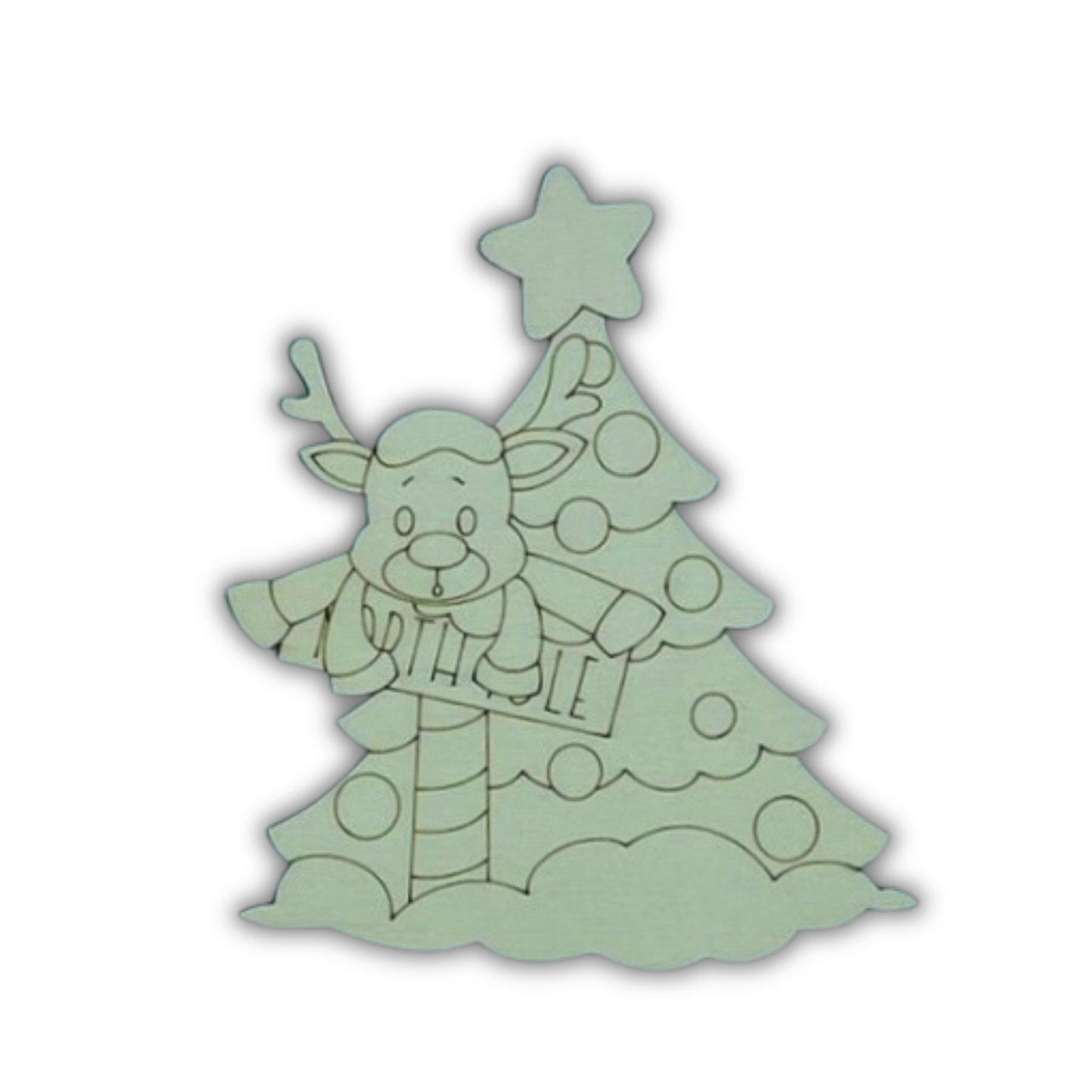 Reindeer con cartello e albero Out of the Wood