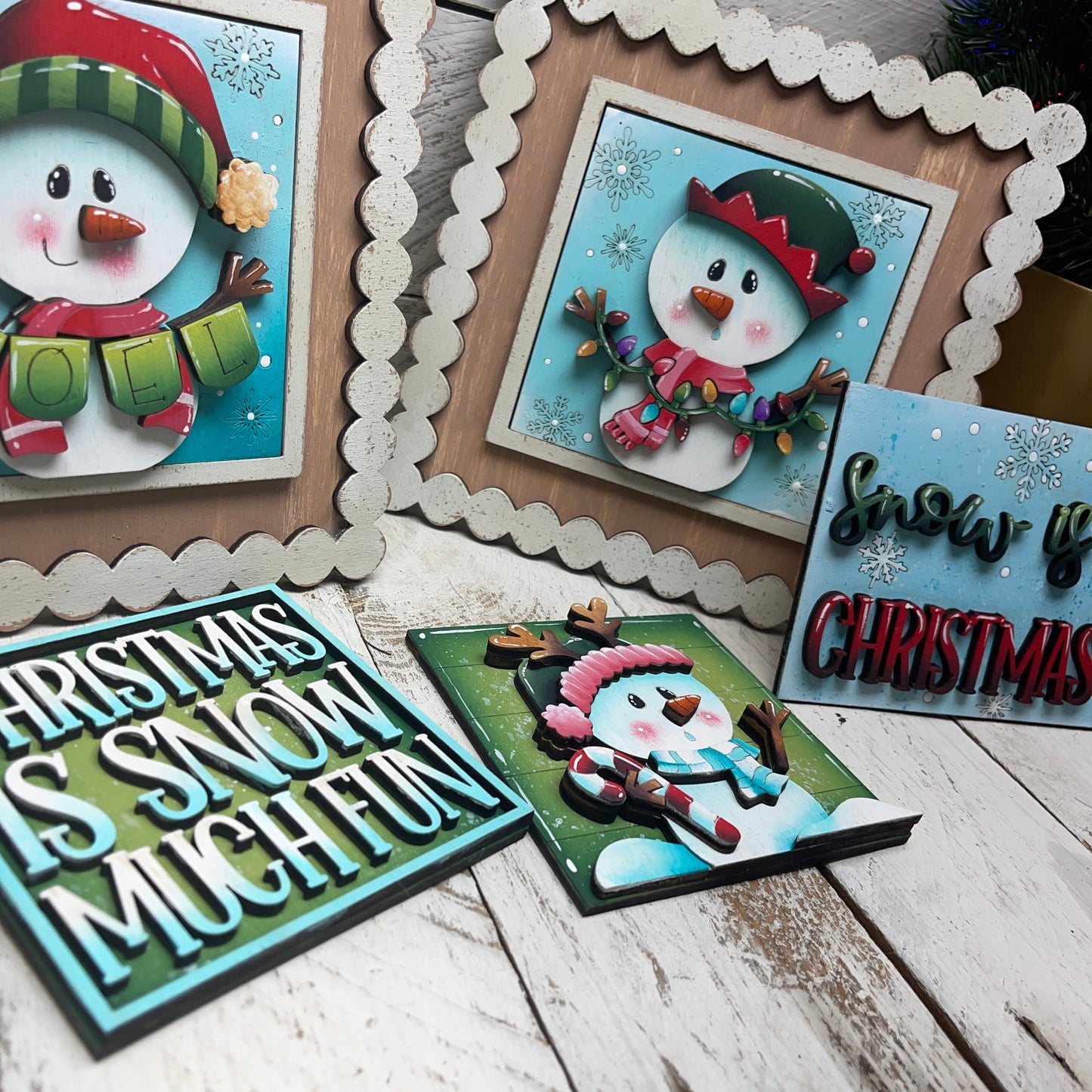 Set pupazzi di neve natalizi inserti quadrati grandi 10x10 Out of the Wood
