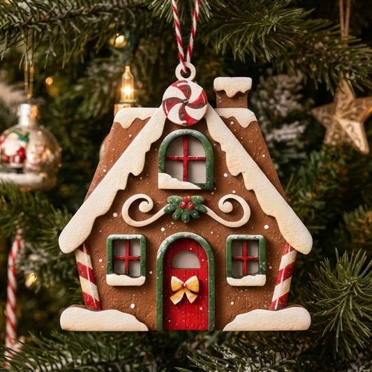 Gingerbread house candle ornament Out of the Wood