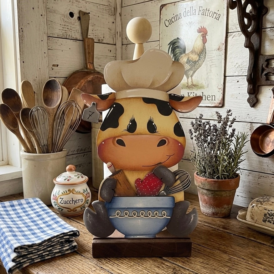 Mucca seduta con utensili da cucina (Copia) Out of the Wood