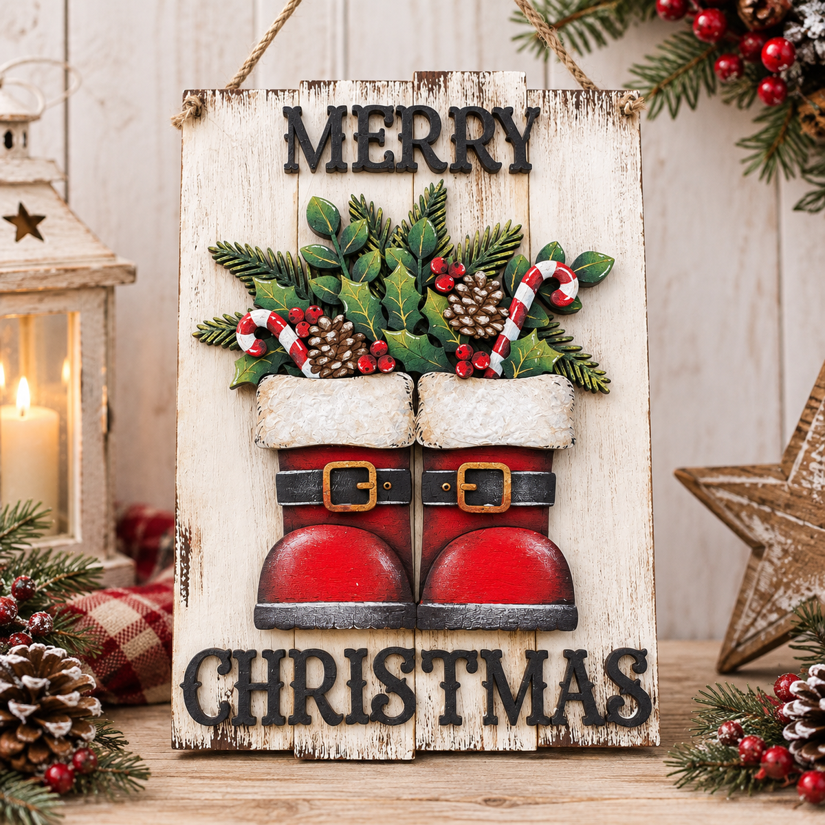 Merry Christmas scarponi su assi di legno Out of the Wood