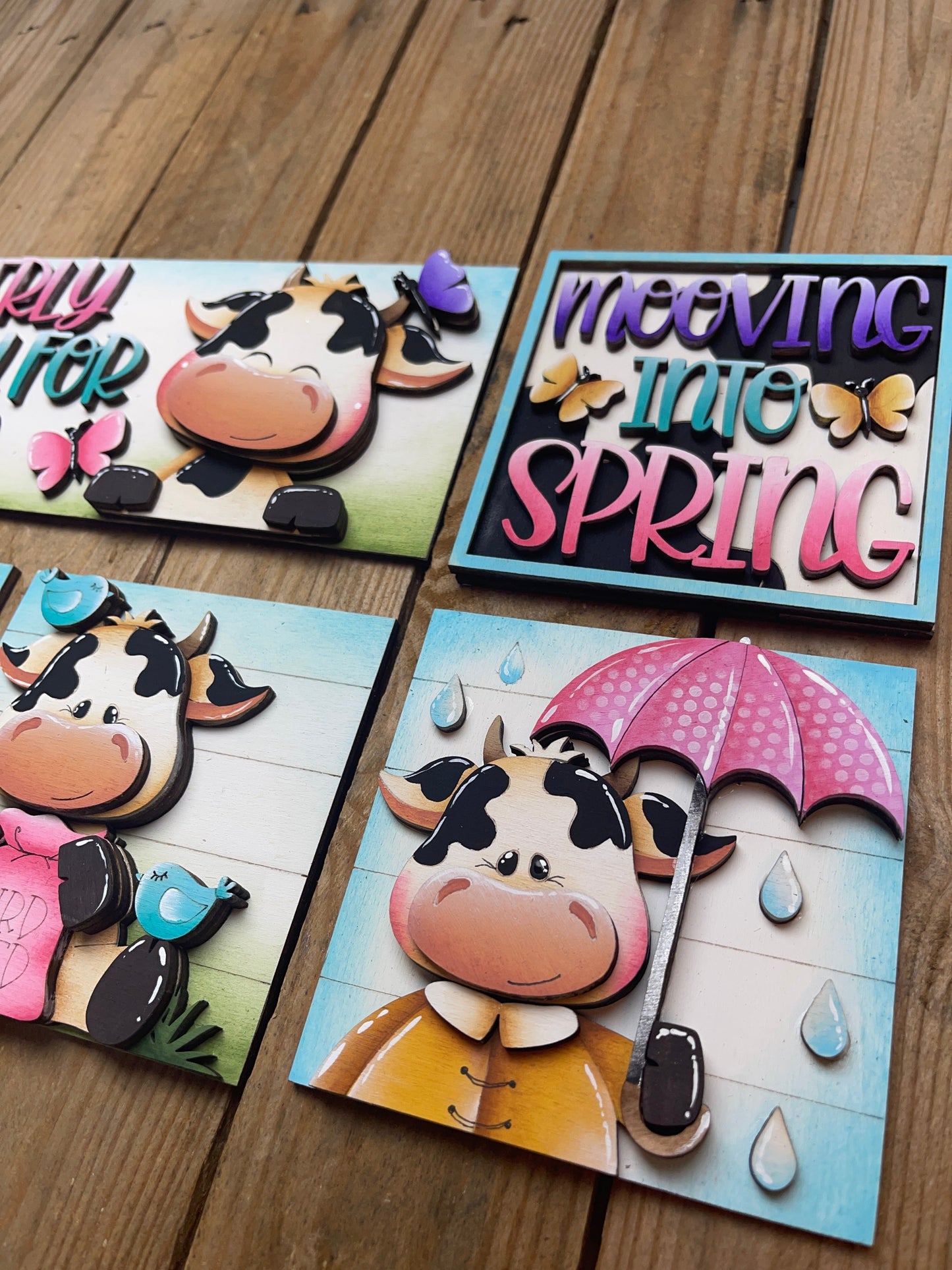 Set mucche  primavera inserto quadrati grandi 10x10 Out of the Wood