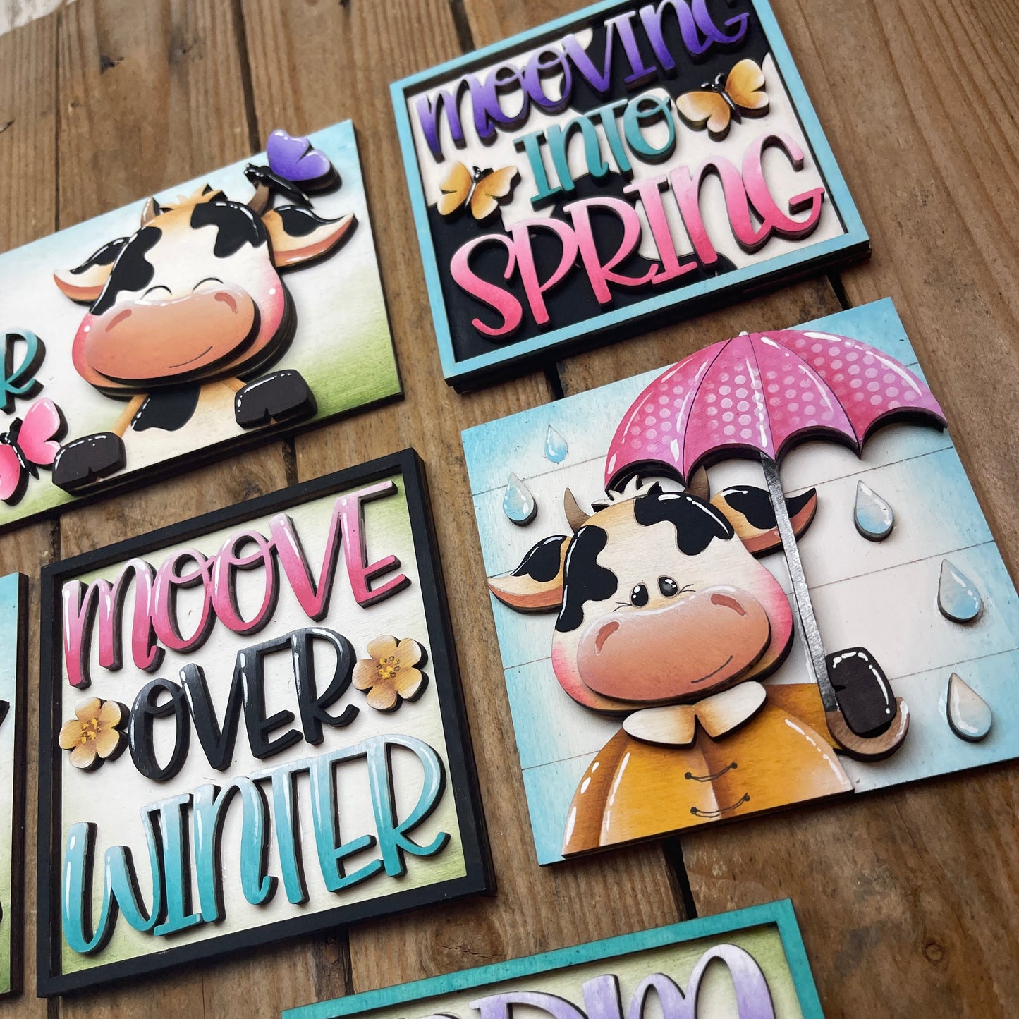 Set mucche  primavera inserto quadrati grandi 10x10 Out of the Wood