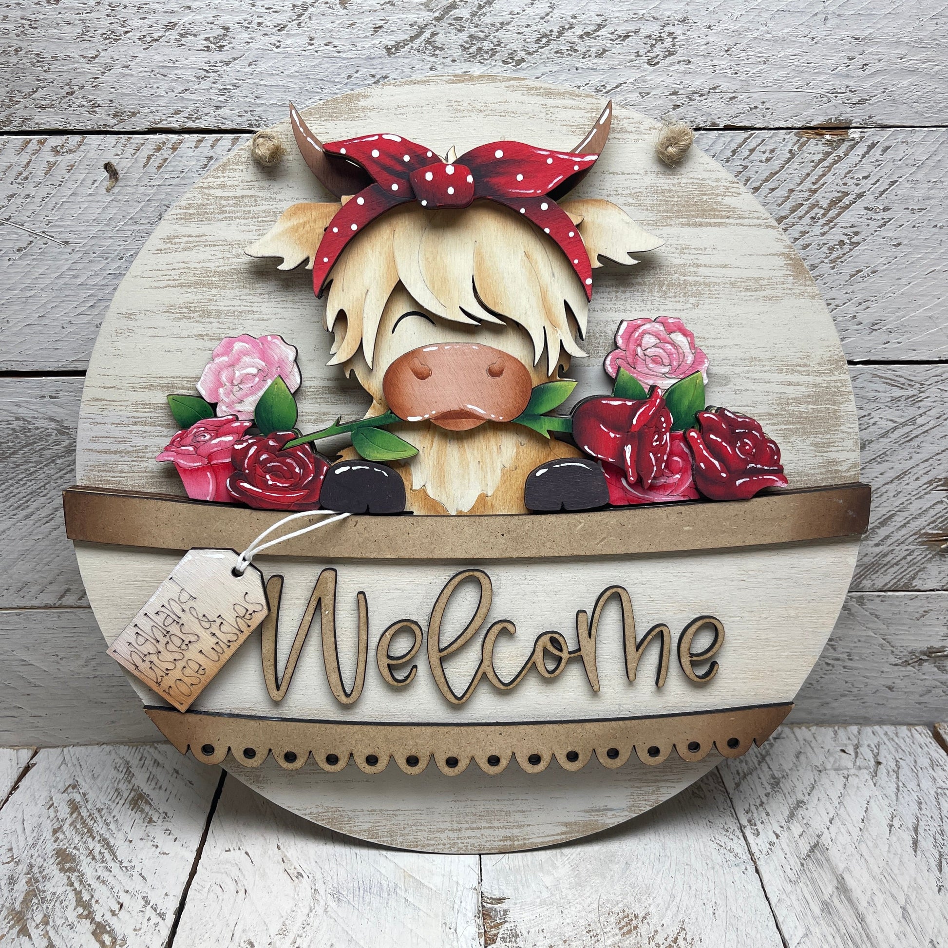 Pannello intercambiabile con mucca del new highland con rose Out of the Wood