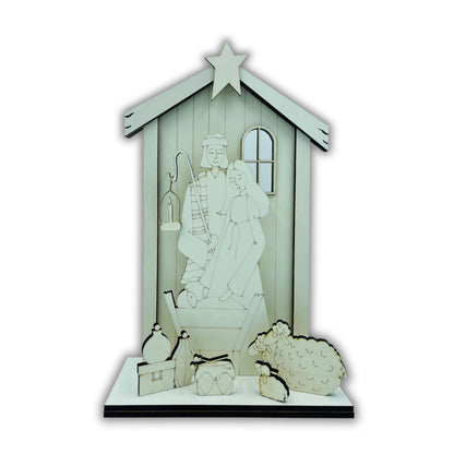 Supporto Capanna Folk art  nativity+ pattern  “ by Maxine Thomas Out of the Wood
