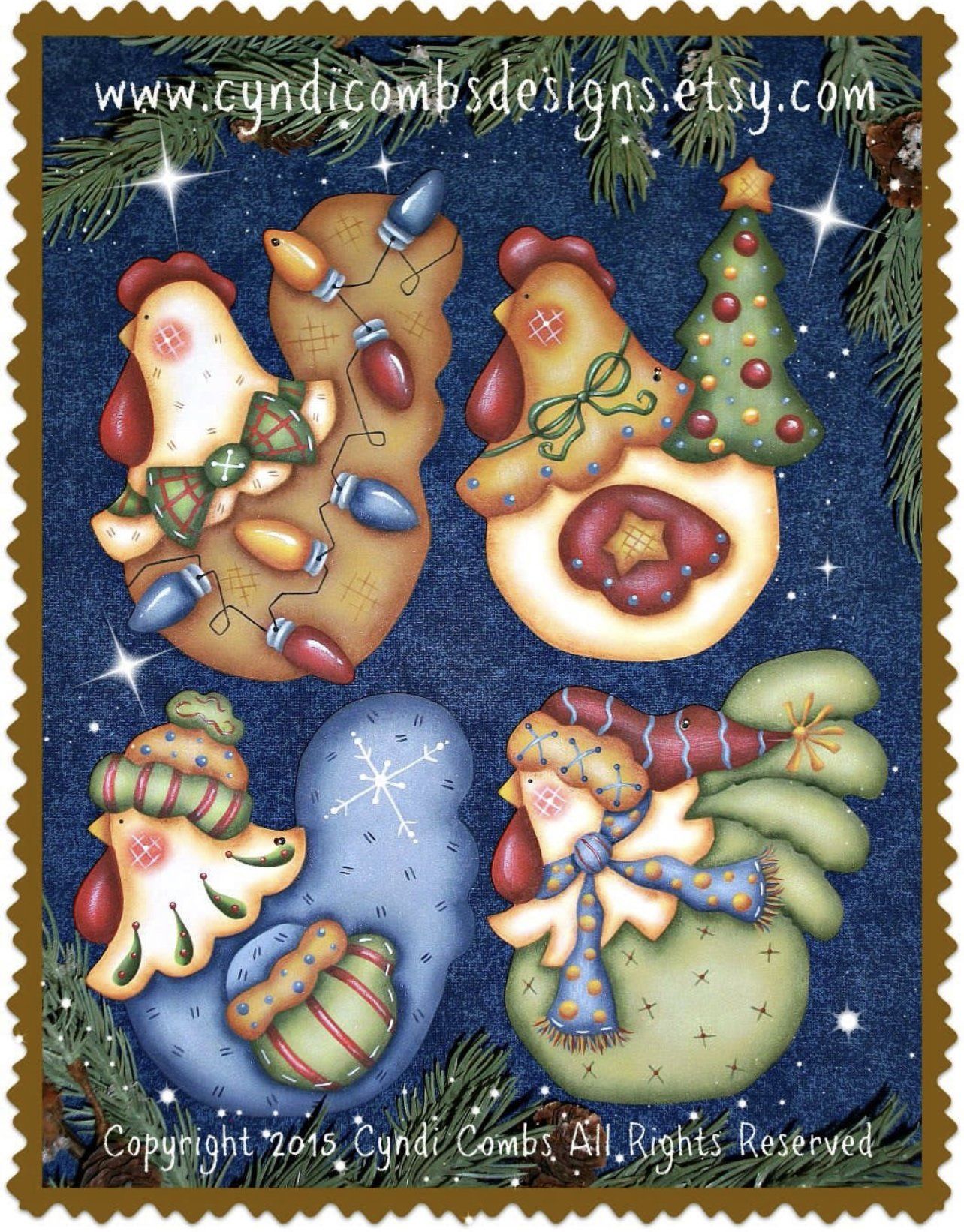 Kit  4 pz Funky christmas  chicken #4 ornaments (sagome in legno) - Out of the Wood